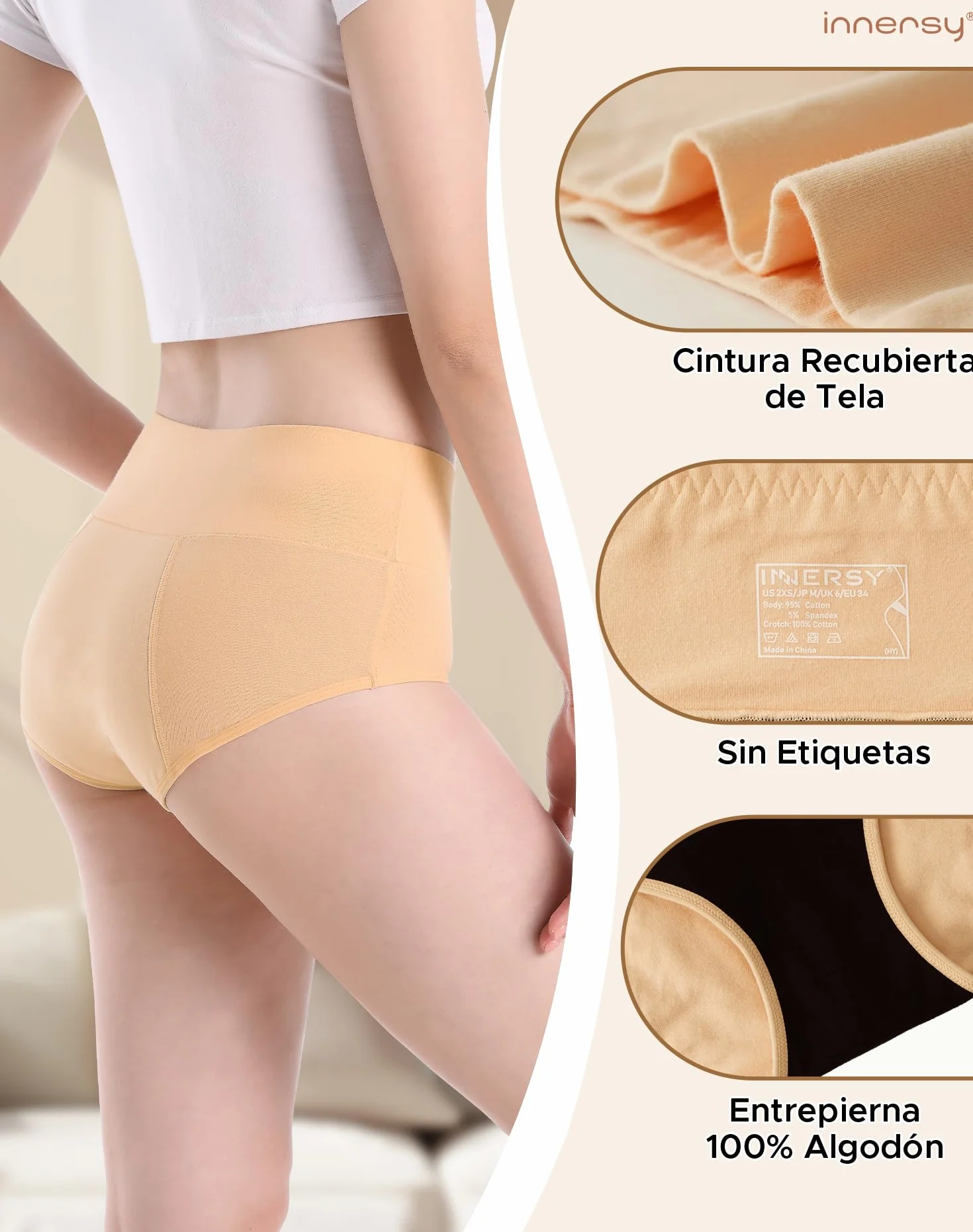 INNERSY Bragas Menstruales Mujer Cintura Alta Braga Menstrual Algodón Ropa Interior Protección Pack de 3