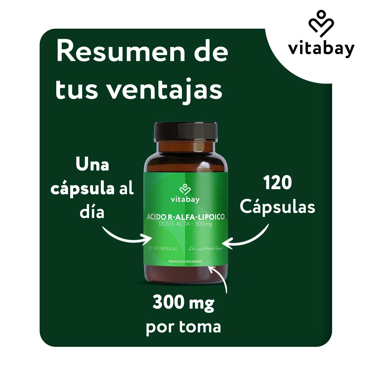 Vitabay Ácido R-Alfa Lipoico 300 mg – 120 cápsulas veganas – Alpha Lipoic Acid alta dosificación – forma R natural sin S-ALA – bioactiva y analizada en laboratorio en Alemania – suministro 4 meses