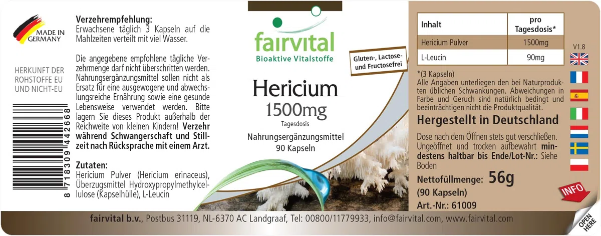 fairvital Hericium 1500mg, 90 cápsulas, fáciles de tragar, 1500mg de Hericium al día, ALTA DOSIS, Hericium erinaceus, VEGANO
