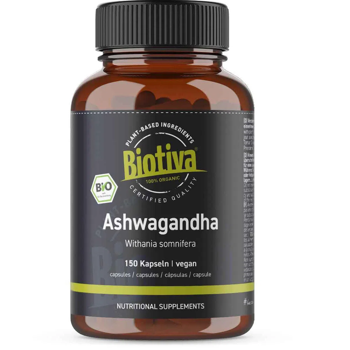 Biotiva Cápsulas de Ashwagandha Orgánica 150 piezas - 500 mg por Cápsula - Withania somnifera - Ayurveda de la India - sin aditivos