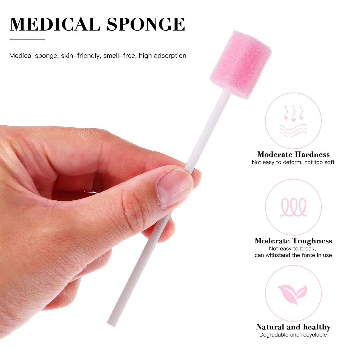 ULTNICE 100 Piezas Hisopos Orales Desechables - Esponjas de Limpieza Dental y Cuidado Bucal - Bastoncillos de Espuma para Adultos, Ancianos y Mascotas (13.5cm, Rosa)
