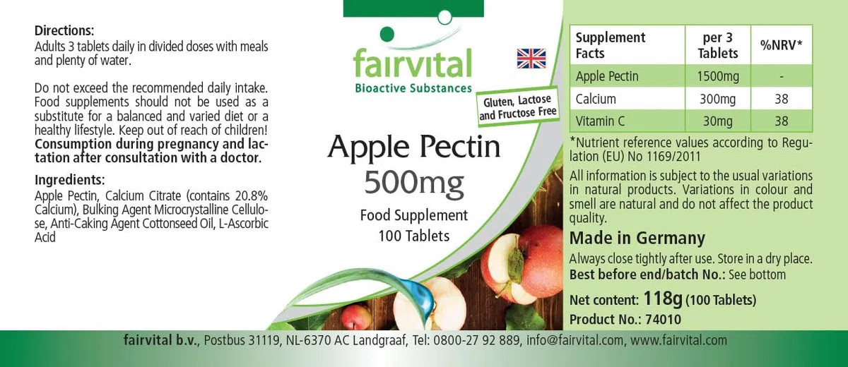 fairvital Pectina de manzana 500mg comprimidos, 100 comprimidos, con fibra soluble, calcio y vitamina C, VEGANO