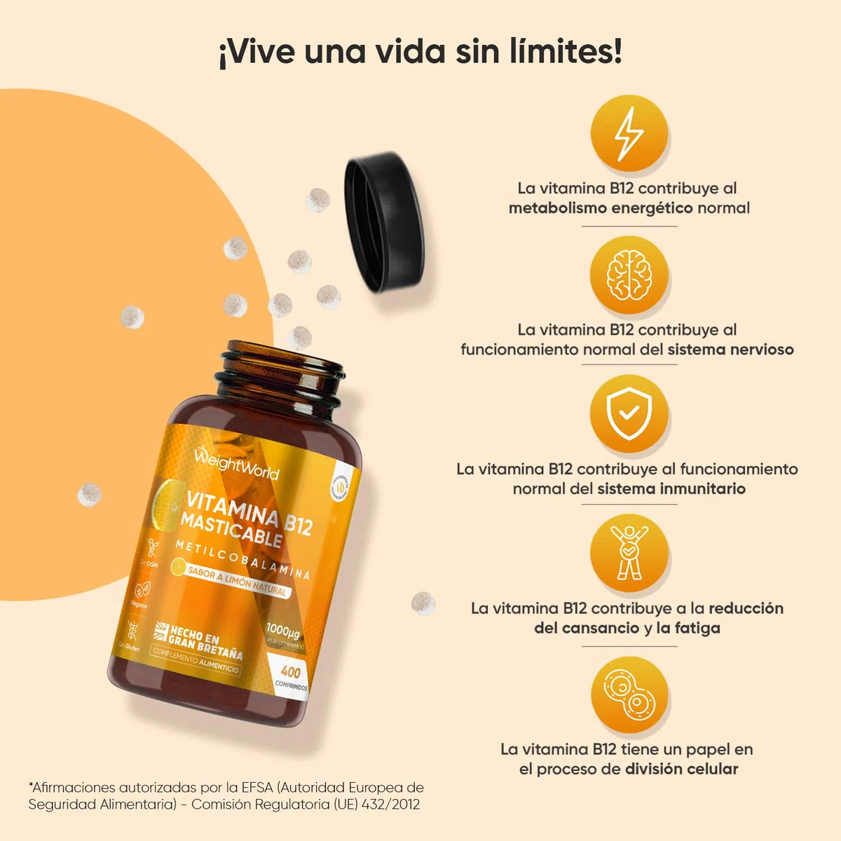 Vitamina B12 Masticable 1000mcg, 400 Comprimidos Veganos, Sabor a Limón Natural - Más de 1 Año de Suministro, B12 Metilcobalamina, Sin OGM ni Gluten