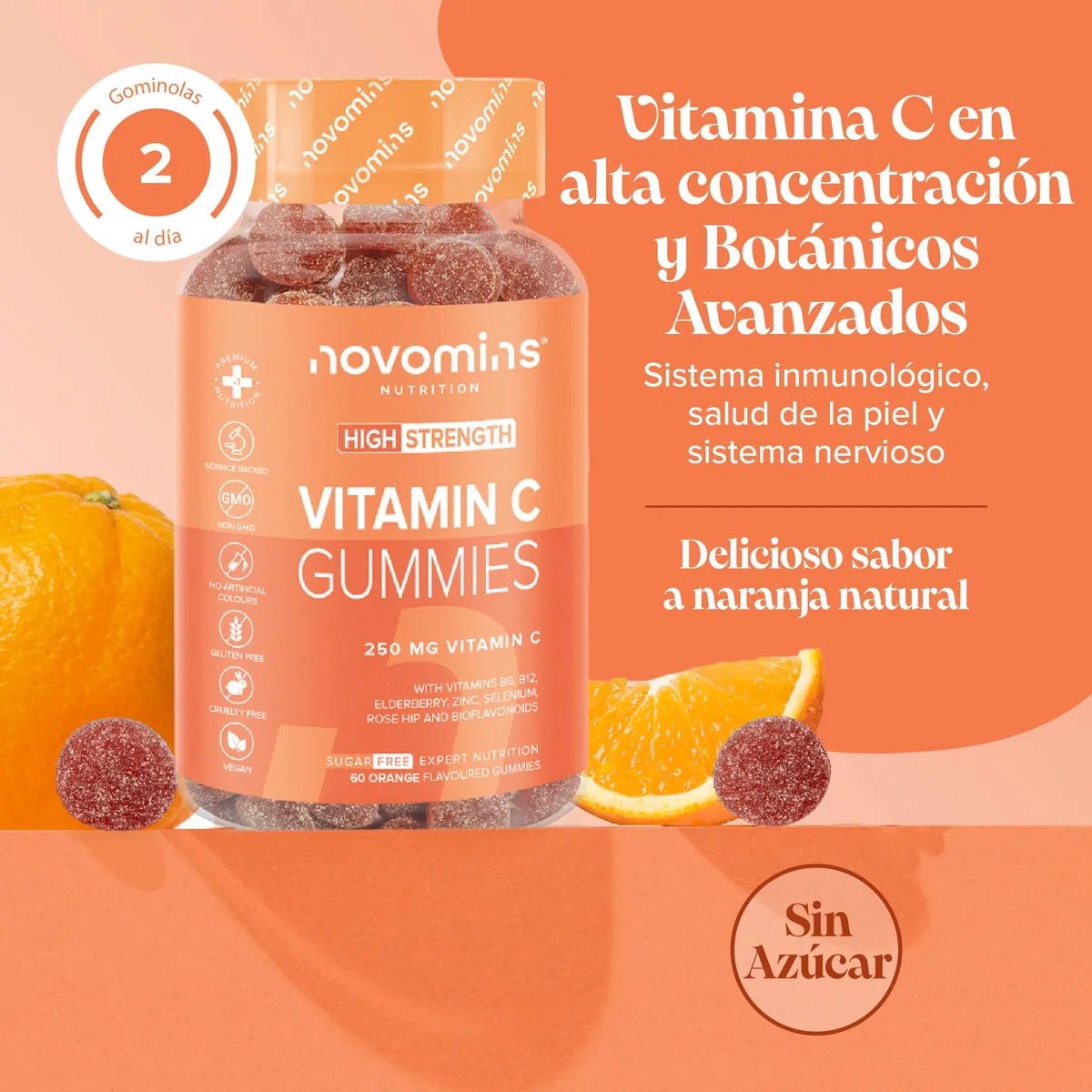 Gominolas de Vitamina C - Sin Azúcar - 250 mg de Vitamina C con Zinc, Vitaminas B6 y B12, Extracto de Naranja Amarga y Bioflavonoides - Vitaminas para el Cansancio - Vegano y Sin Gluten - Novomins
