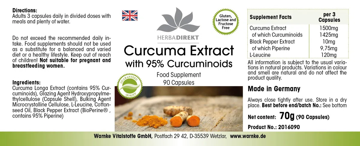 Extracto de Curcumina con pimienta negra – 1500mg de Curcumina por dosis diaria – 95% de curcuminoides – Alta biodisponibilidad – Vegano – 90 Cápsulas | HERBADIREKT - Calidad de farmacia alemana