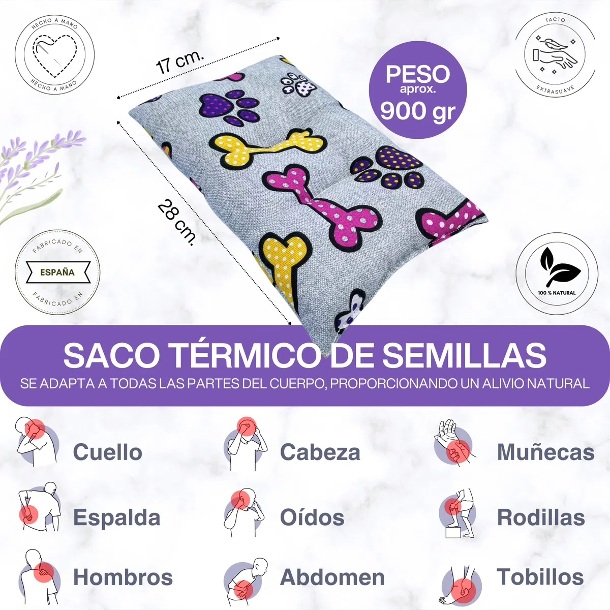 Saco Térmico de Semillas para Microondas | Saco de Semillas para Microondas | Bolsa Semillas Calor Microondas, con Semillas de Trigo y Lavanda, para un Alivio Natural del Dolor, 28 x 17 cms.