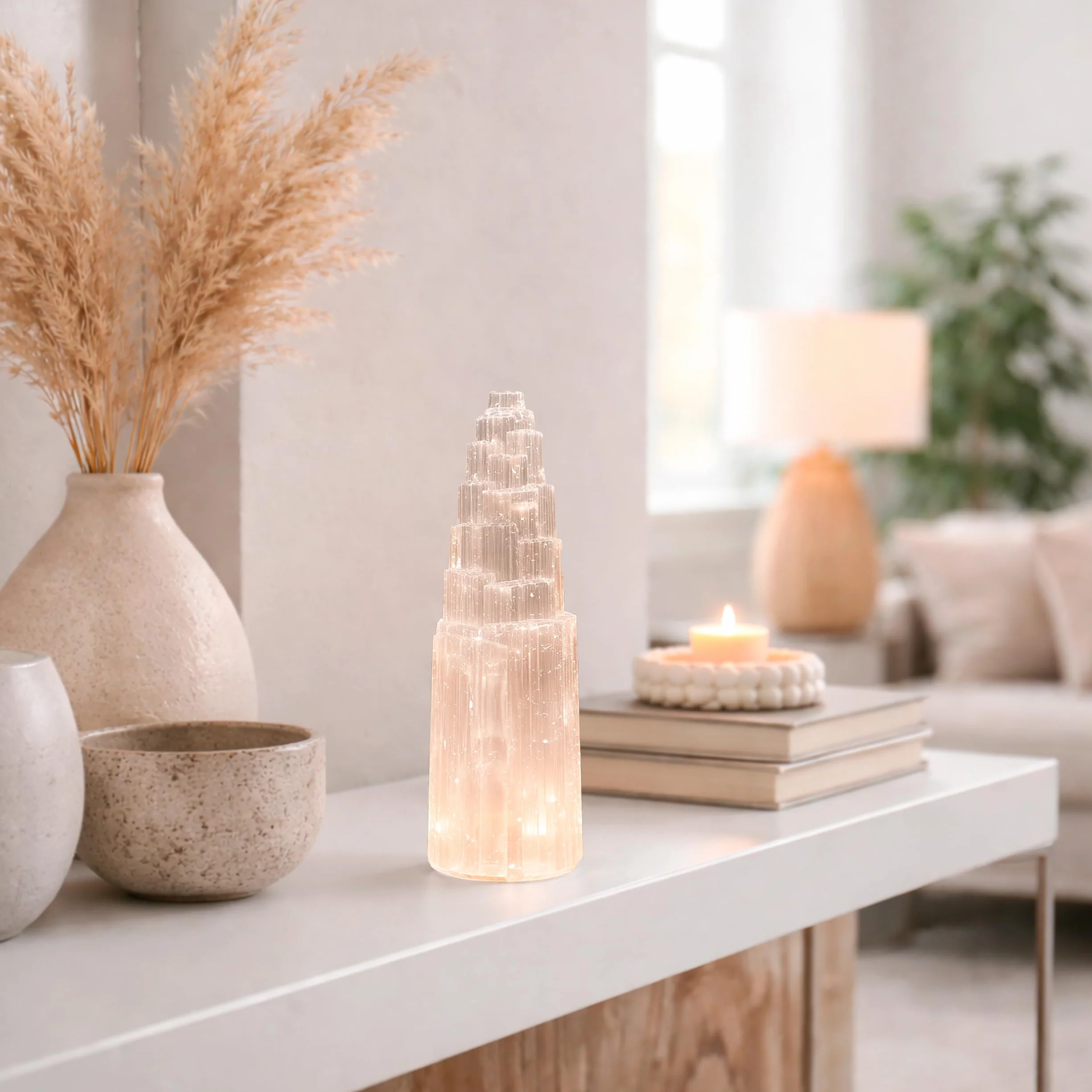 NKlaus Torre de Energía de Selenita 20 cm – Columna de piedra curativa hecha a mano para meditación, reiki y protección – Ideal para armonización de espacios y limpieza espiritual