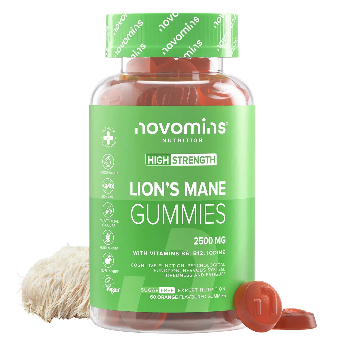 Melena de León 2500 mg - 60 Gominolas - con Vitaminas B6, B12 y Yodo - Vegano - Nootropicos Memoria y Concentracion - Alternativa a Melena De Leon Capsulas - para 1 Mes - Lions Mane - Novomins