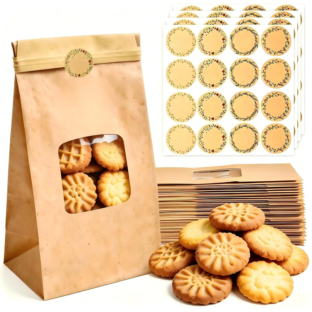 60 Pcs Bolsas para Galletas Pequeñas con Ventana de Papel Kraft 17x9x6cm Bolsas para Dulces Cumpleaños Alambre Autocierre Revestimiento Antigrasa Grado Alimentario Pegatinas Decorativas Anti Rotura