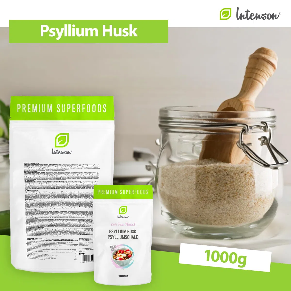 INTENSON Psyllium Husk 1 kg, Cáscara de Semilla de Psyllium Pura y Natural, Alta en Fibra, Ideal para Mezclar con Agua, Bebidas y Zumos, Apta para Vegetarianos y Veganos