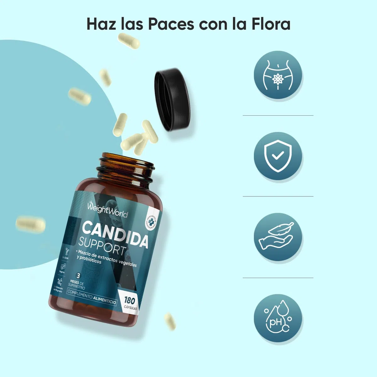 Probióticos para Flora Íntima Candida Support 180 Cápsulas Veganas con Lactobacillus Acidophilus, Bifidobacterium Bifidum, Zinc, Ácido Caprílico, Aloe Vera y Más para 3 Meses