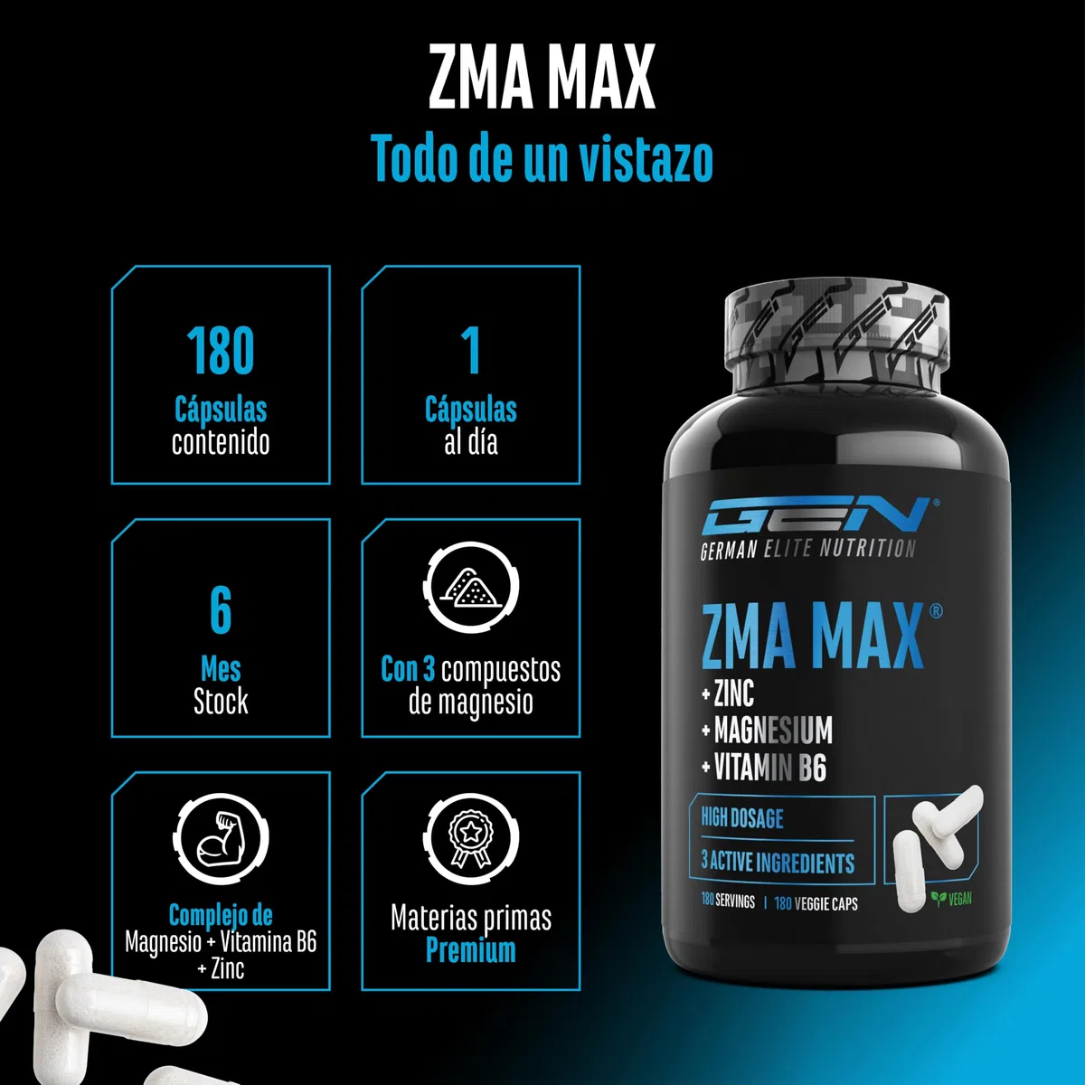 ZMA MAX - 180 Cápsulas - Dosis extra altas - Zinc + Magnesio + Vitamina B6 - Premium: Con 3 compuestos de magnesio - Vegano