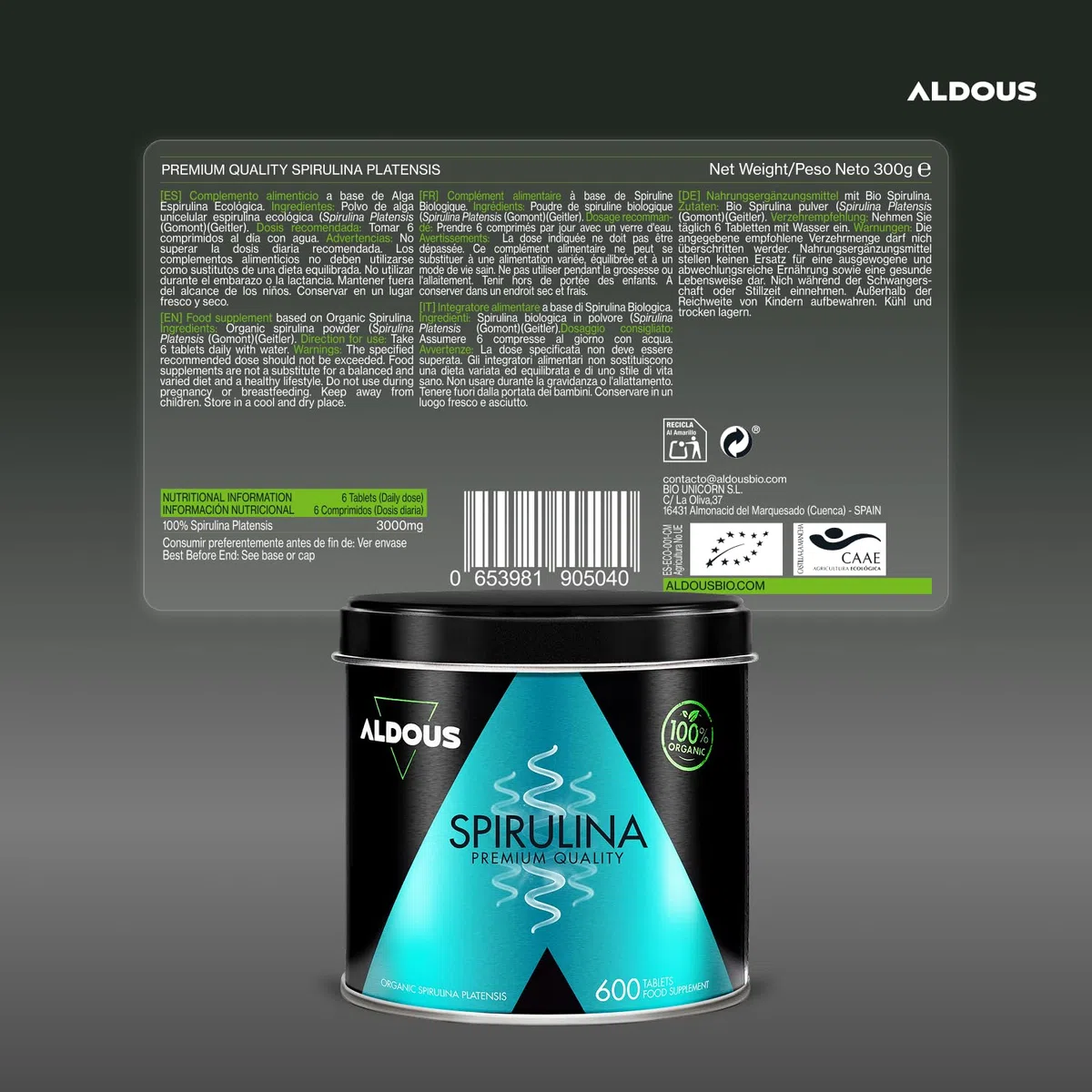 600 Comprimidos de Espirulina Ecologica | Máxima Dosis 100% Alga Spirulina Bio por Dosis - 3000mg | Saciante - Inhibidor de Apetito y Ansiedad 100% Natural - DETOX - Proteina Vegana para 100 Días