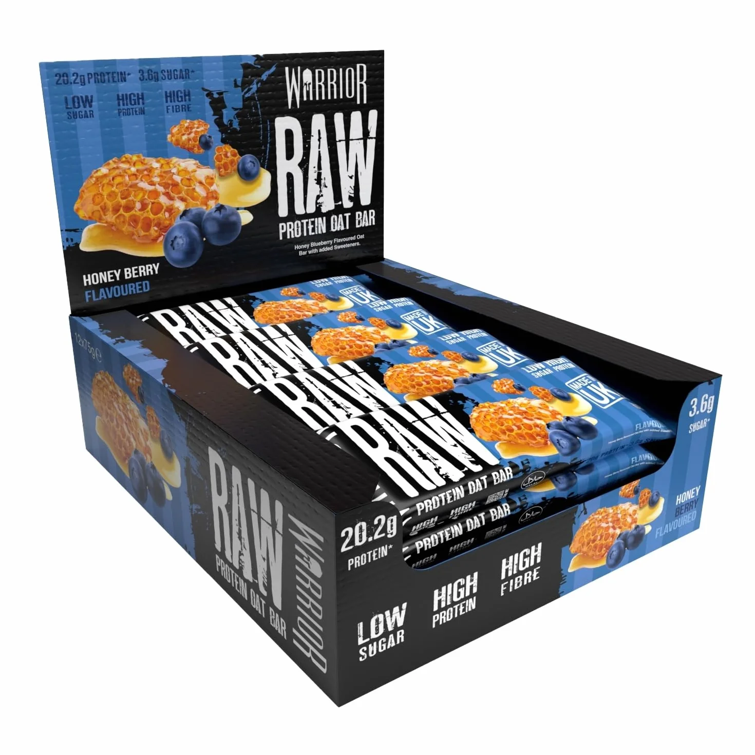 Barritas de proteína cruda Warrior Flapjack (20 g) - 12 x 75 g - Snack saludable de avena para el desayuno que aporta energía y crecimiento muscular (Baya de miel)