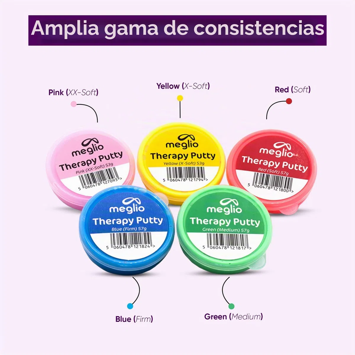 Masilla Terapéutica para Manos Meglio 53g - para Ejercicios de Manos focalizados en la Rehabilitación y Recuperación de la Mano, Fortalecimiento Muscular (Pack de 5)
