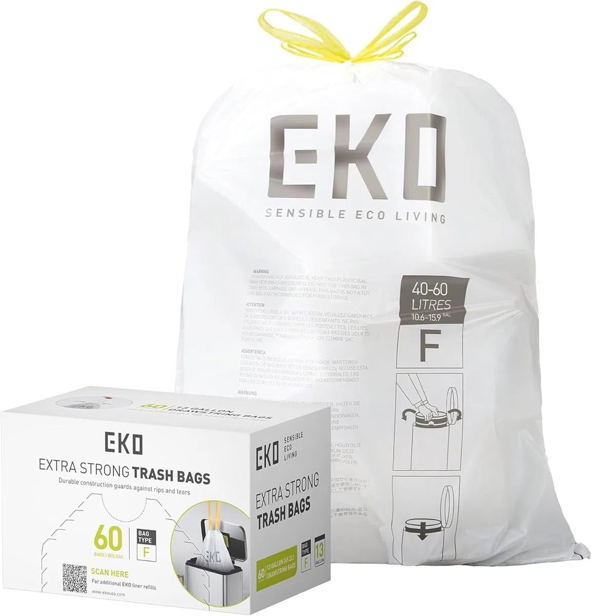 EKO - Bolsas de Basura - Código F - 60 Unidades - 40-60 L - Extrafuertes Antigoteo con Asas Autocierre - Blancas - para Cocina y Hog