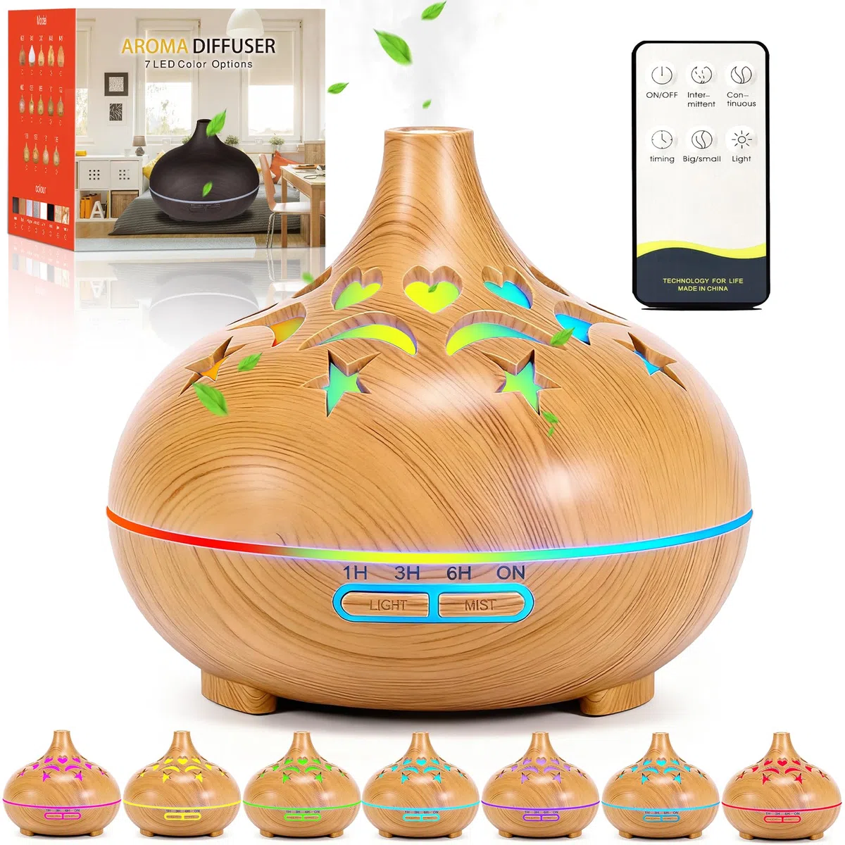 550ml Difusor Aceites Esenciales, Difusor de Aromas con 4 Temporizador y 7 Color LED y Mando a Distancia, Silencioso, Apagado automático, Humificador de Aromas Ultrasonico para Casa