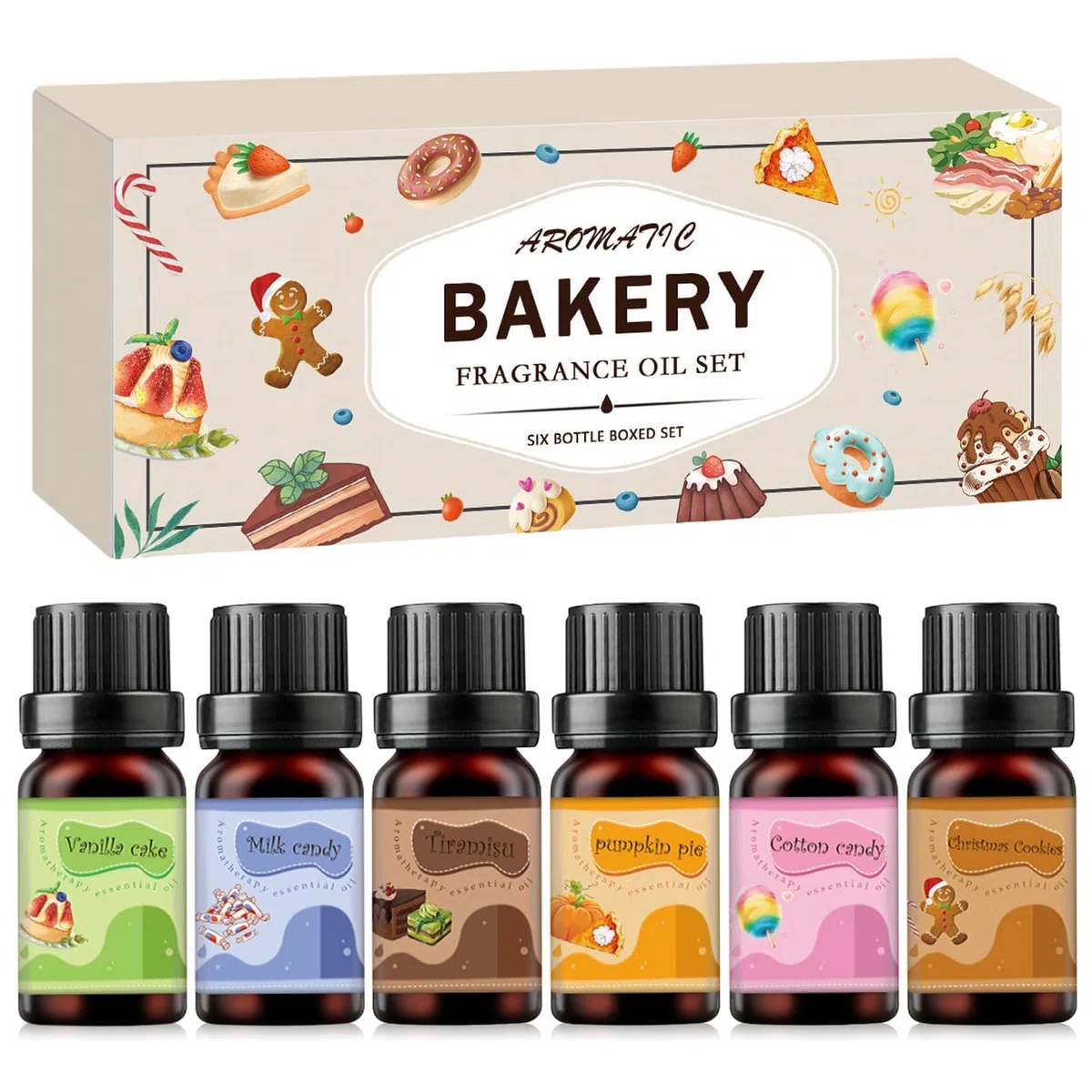 Set de Aceites Esenciales de Panadería,Juego de Aceites Esenciales para Panadería,Adecuado para tarta de calabaza, tiramisú, tarta de vainilla,galletas navideñas,caramelos de leche,malvaviscos (6x10ml