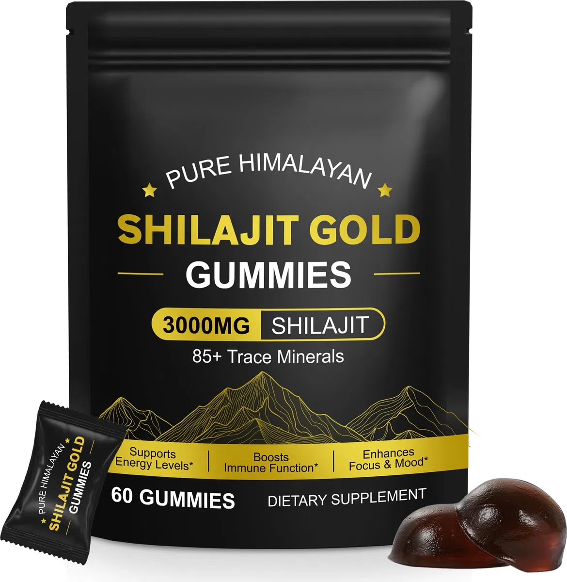 Gominolas de Shilajit 3000mg, Shilajit Puro del Himalaya, Gold Shilajit Gummies, Sin Gluten (60 Gominolas) (1 PC)
