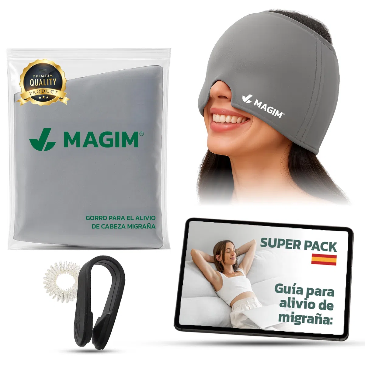 Gorro Migraña | Gorro Terapéutico + Pinza Acupresión + Anillo Antiestrés + eBook “Guía Migrañas” | Alivio Dolor de Cabeza, Sinusitis, Estrés y Tensión de forma natural (GRIS)