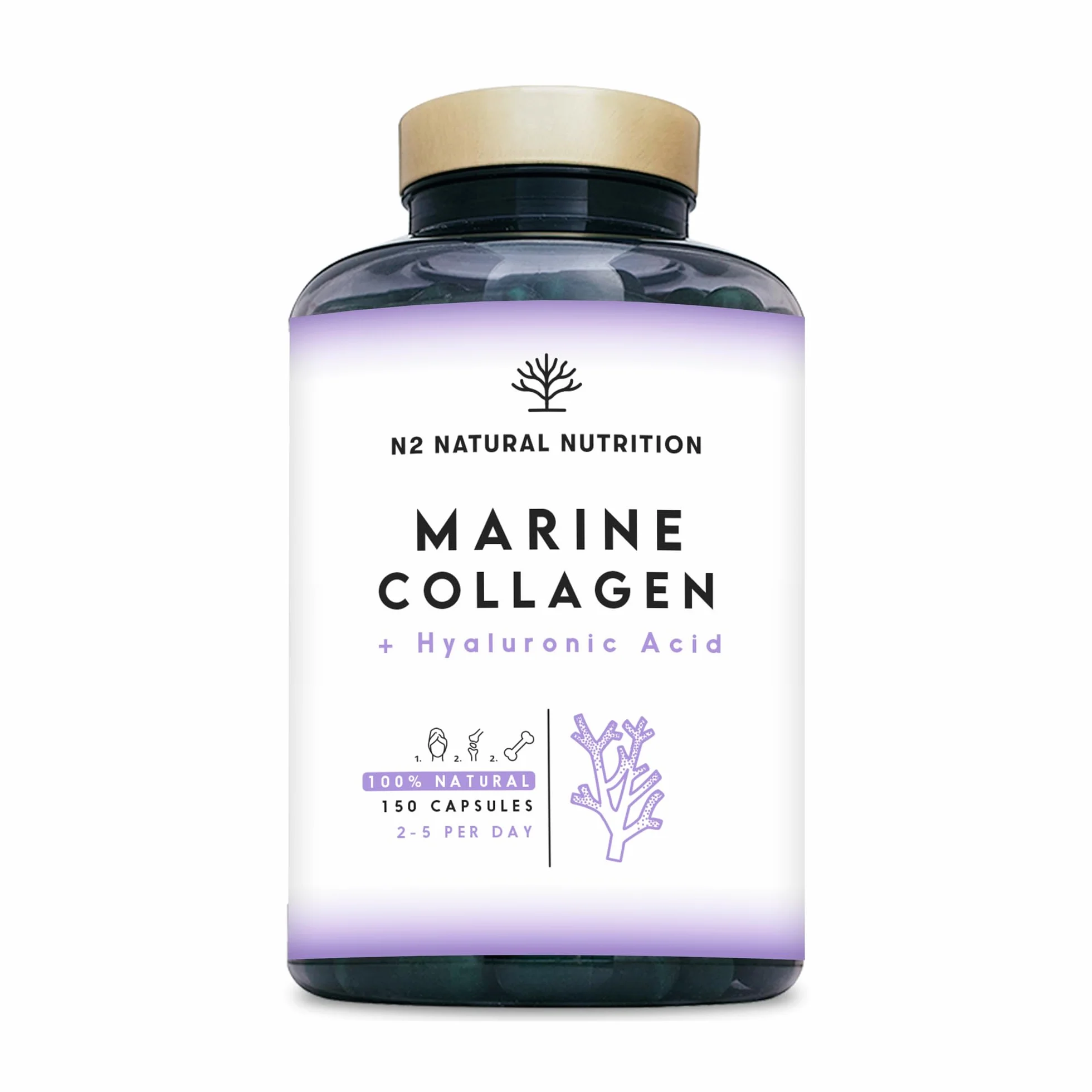 Colageno con Magnesio y Acido Hialuronico. Vitamina C. 150 Cápsulas Suministro 75 días. Alta Concentración. Cuidado de Articulaciones, Piel y Huesos. Colágeno Marino PEPTAN. CE.N2 Natural Nutrition