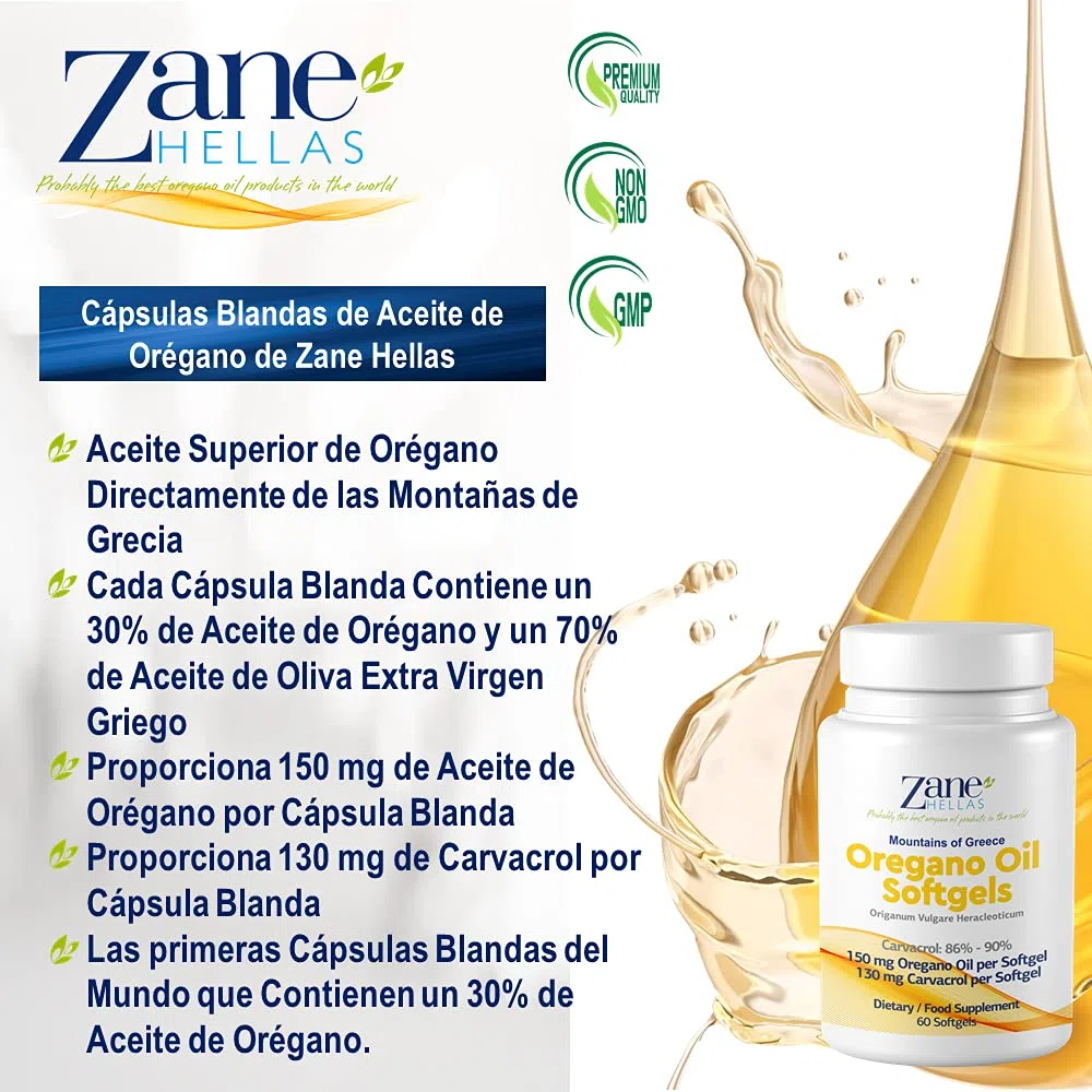 Zane Hellas Oregano Oil Softgels. La mayor concentración del mundo. Cada cápsula contiene un 30% de aceite esencial de orégano griego puro. 130 mg de Carvacrol por cápsula. 60 cápsulas.