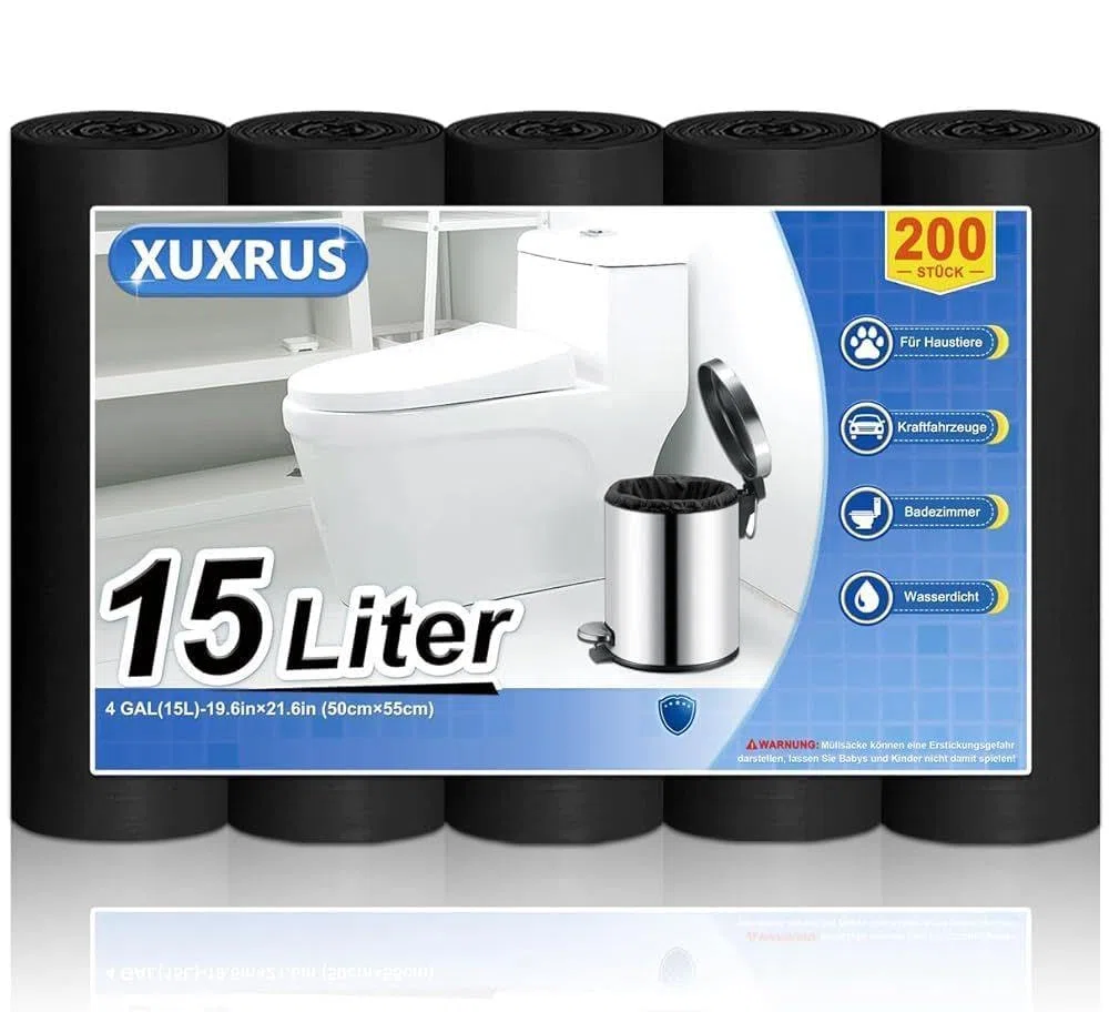 XUXRUS 200 Bolsas de Basura 15L, Bolsa Basura Pequeña para Baño, Negra, Resistente, Antifugas, Antidesgarro, Sin Olor para Cocina, Salón, Oficina (50 x 55 cm)