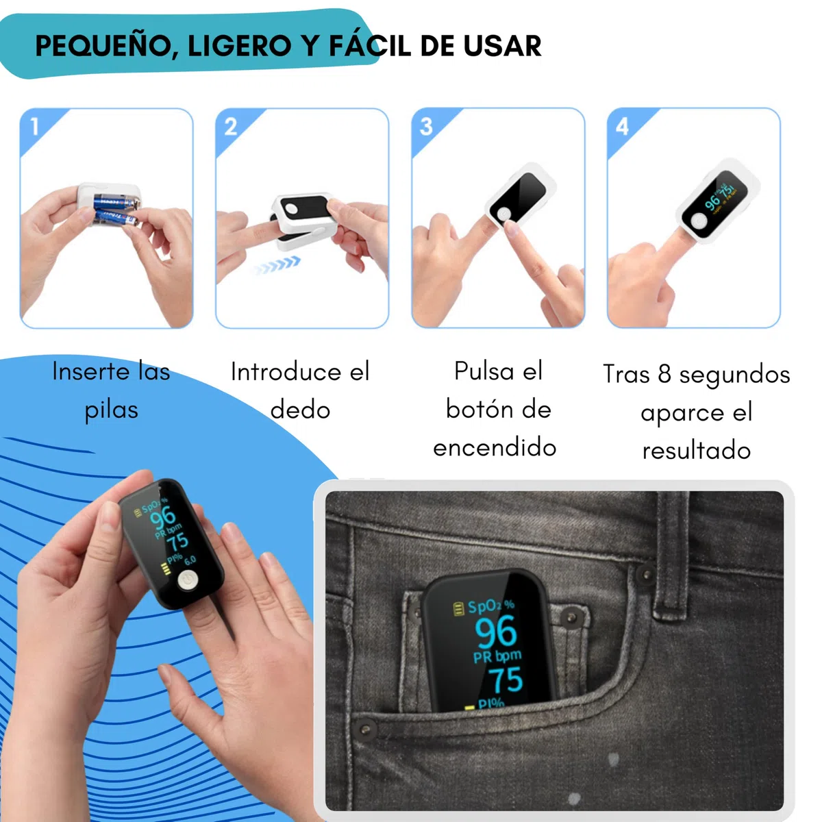 Oxímetro de Dedo Profesional, Pulsioxímetro Medidor preciso de la Saturación de Oxígeno en Sangre, Frecuencia Cardiaca. Oxímetro de Pulso para todas las Personas. Pantalla OLED. Incluye Pilas y Cordón