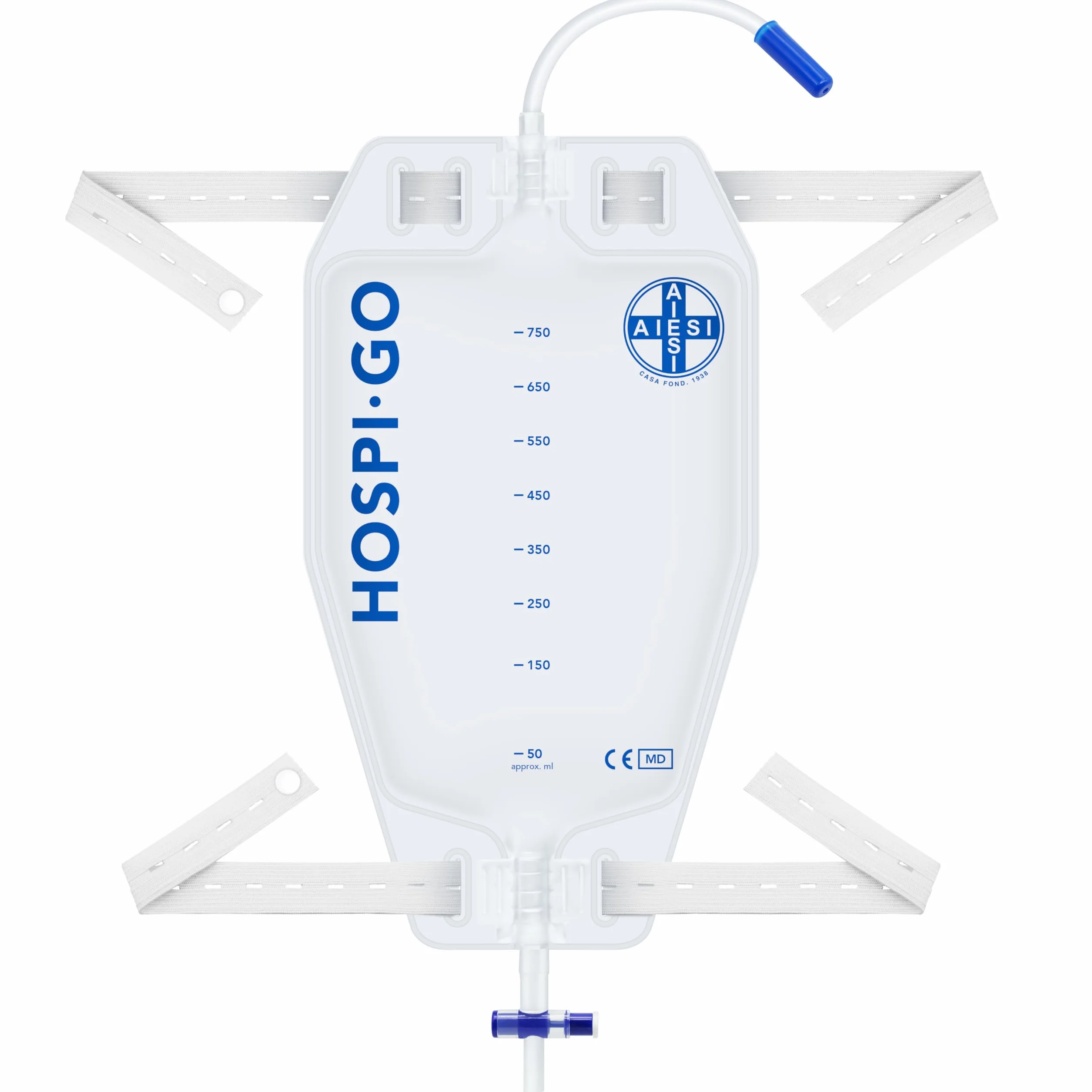 AIESI® Bolsas de orina de piernas capacidad de 750 ml tubo de 10 cm con grifo de descarga cruzado (T) y válvula antirreflujo HOSPI-GO (Paquete de 10 piezas), Espalda en TNT transpirable