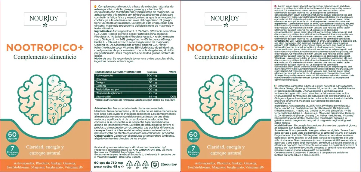 NOURJOY Nootrópico Natural - Memoria, Concentración y Energía Mental con Ashwagandha y Ginkgo Biloba 60 Cápsulas