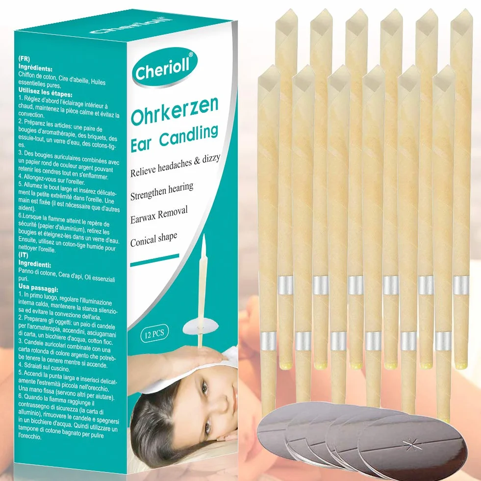 Velas para los oído, cera de abeja natural, fragancia, material vegetal orgánico, velas huecas con discos protectores para bloqueadores de oído, 12 unidades