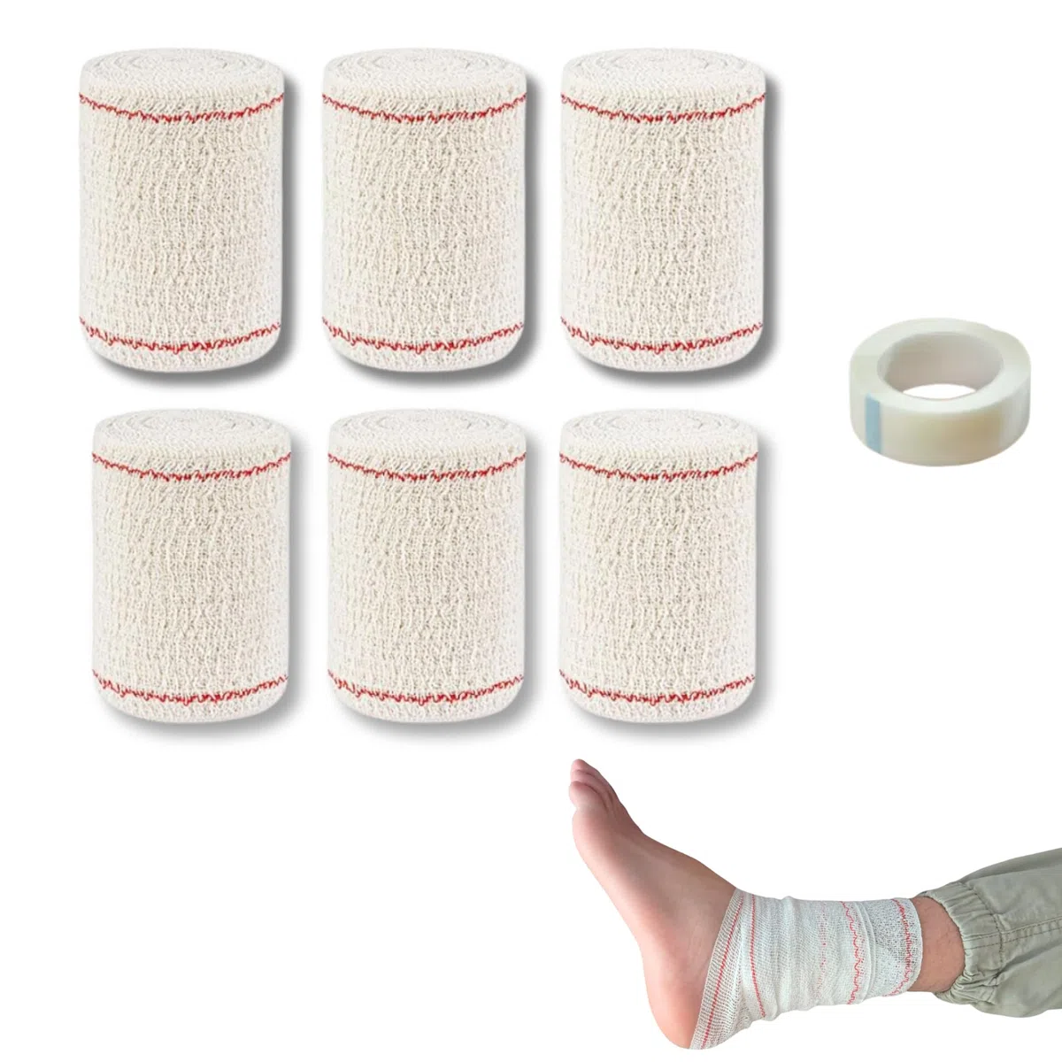 Pack de 6 vendas 10x10 y esparadrapo.6 vendas elásticas crepe libres de látex con esparadrapo incluido,uso profesional fabricación europea,máxima calidad y sujeción.Suave,transpirable y reutilizables.