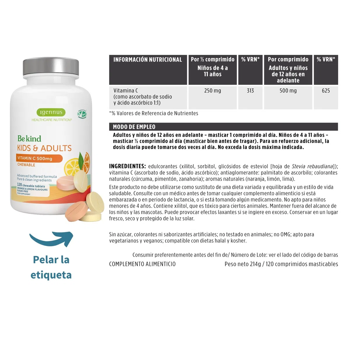 Igennus Vitamina C Avanzada Masticable Sin Azúcar 500mg, 120 Dosis, Niños y Adultos, Pura y Suave, Fórmula Tamponada de Alta Absorción, Vegana, Sabor a Naranja y Limón
