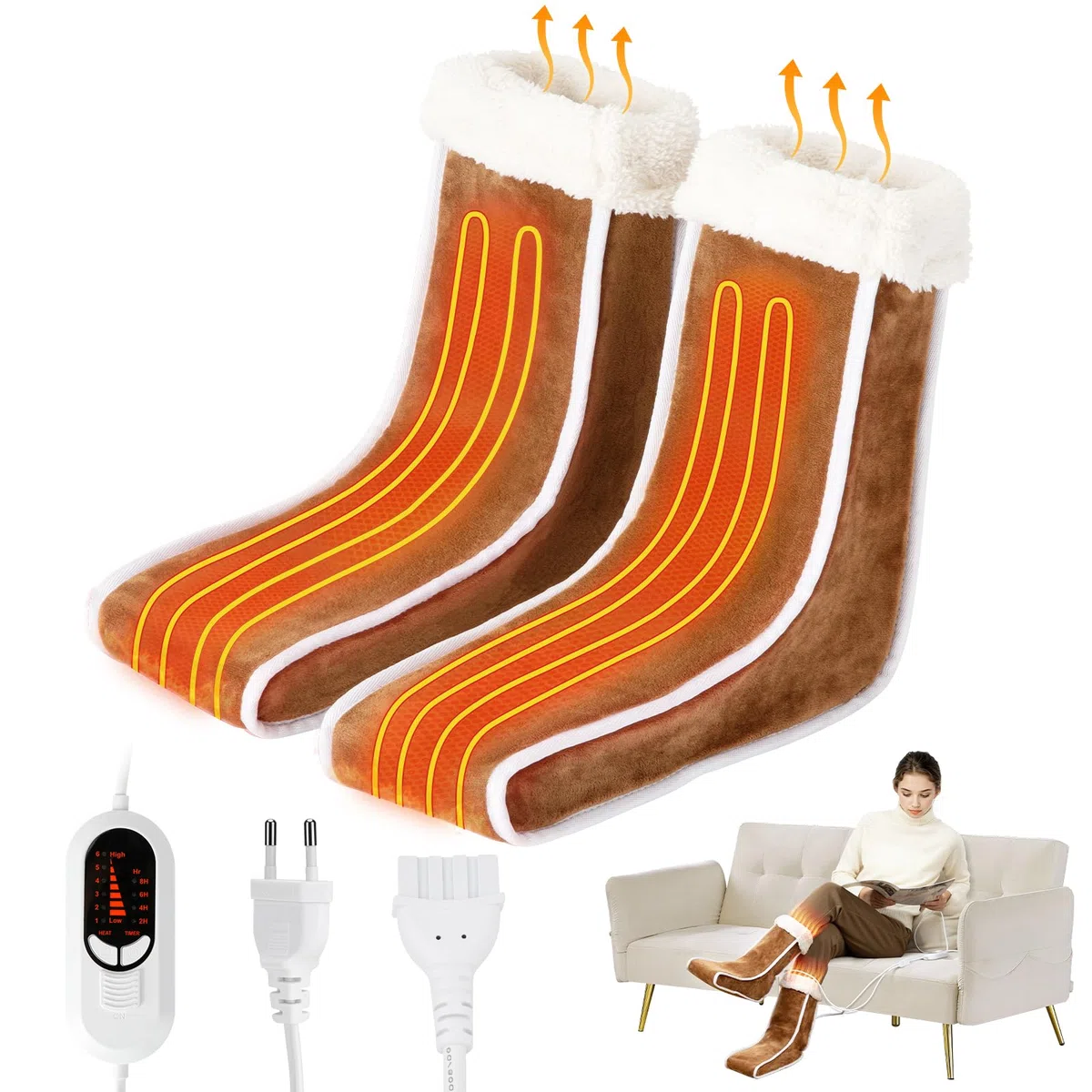Calentador de Pies Eléctrico, Calienta Pies Electrico Separador, 40 ℃-60 ℃ Temperatura ajustable, 4 Temporizador, Doblado interior lavable en máquina, Zapatillas Calefactables para Hombre y Mujer