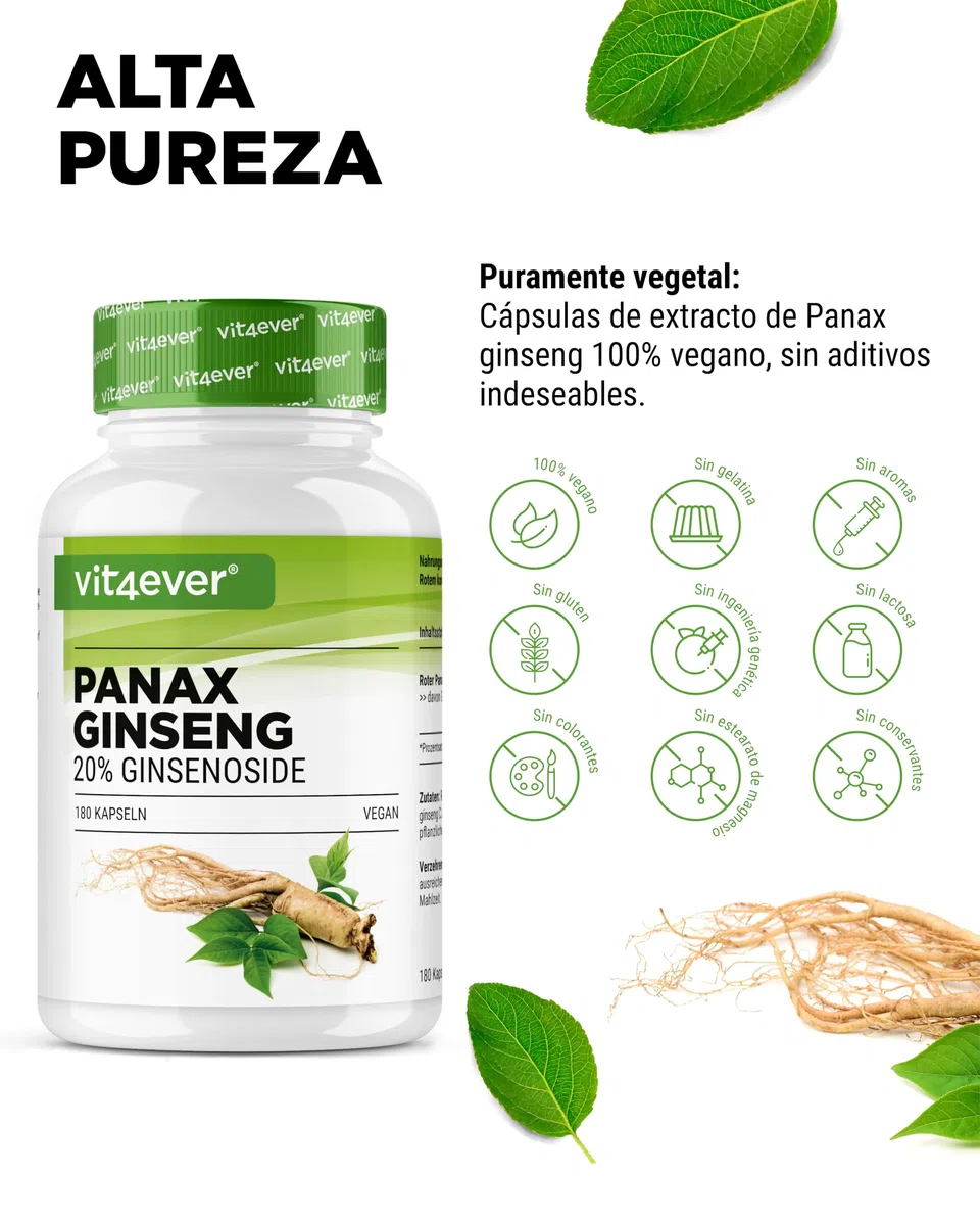 Ginseng rojo Panax 180 cápsulas - 1800 mg por dosis diaria - 20% de ginsenósidos - Extracto de raíz de ginseng rojo coreano 20:1 - Alta dosis - Vegano