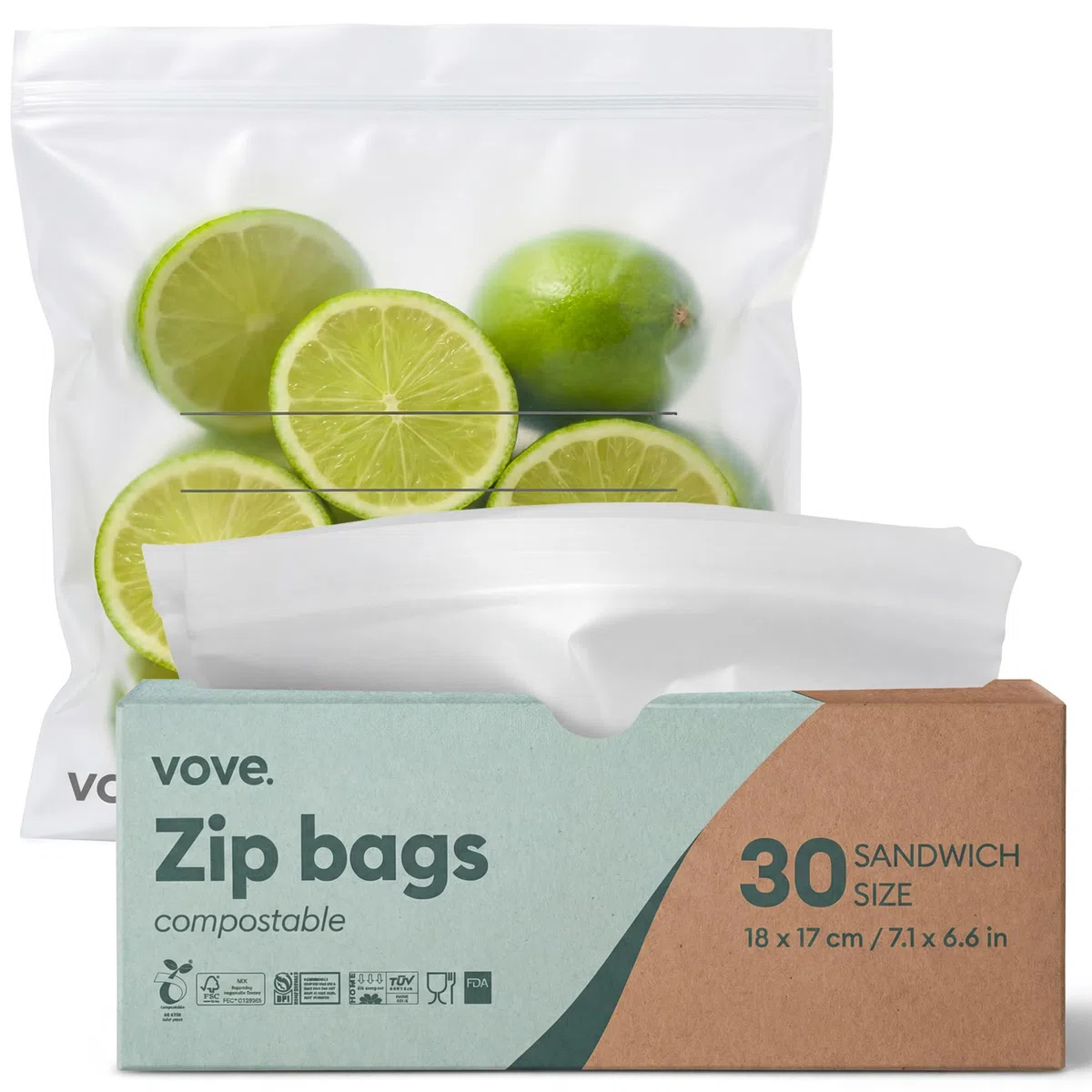 Vove Bolsas compostables medianas para sándwich, 30 unidades, aptas para congelador, a prueba de fugas, sin sustancias nocivas, superficie para escribir, ideal para panes escolares y preparación de