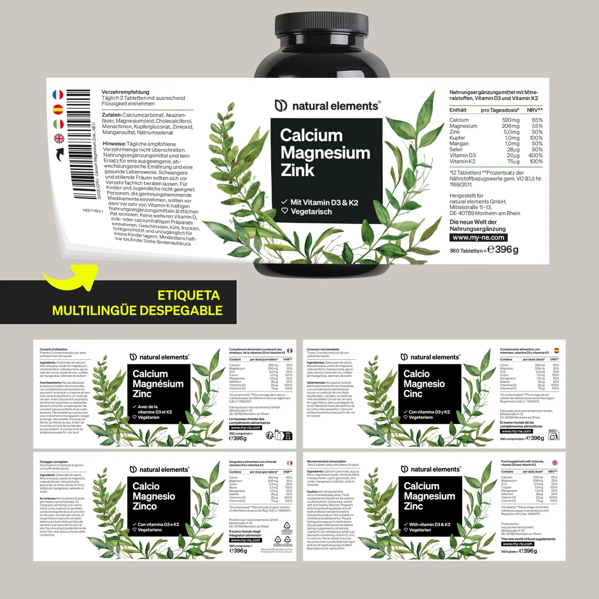 Calcio Magnesio Zinc + Vitamina D3 y K2 (MK7) - Apoya huesos, muscular y sistema inmune - 360 Tabletas para 6 meses - Sin adivitos innecesarios, probado en laboratorio en Alemania