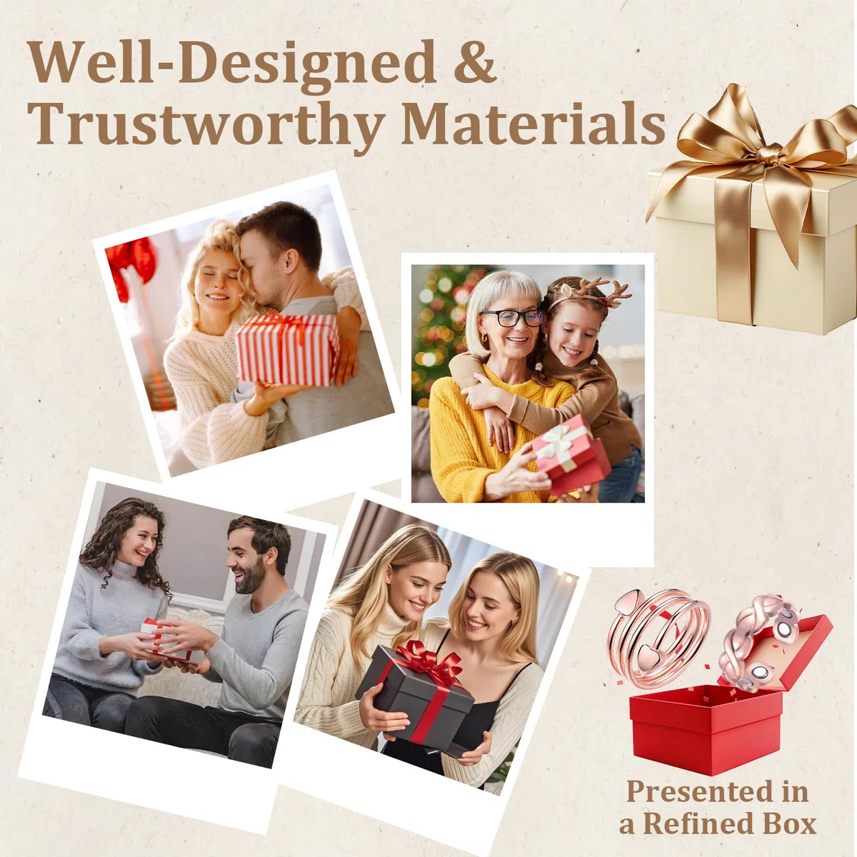 BioMag 2 anillos de cobre para drenaje linfático para mujer en diferentes diseños, anillo magnético de cobre puro con imán ultra fuerte 10X, joyería ajustable en caja de regalo