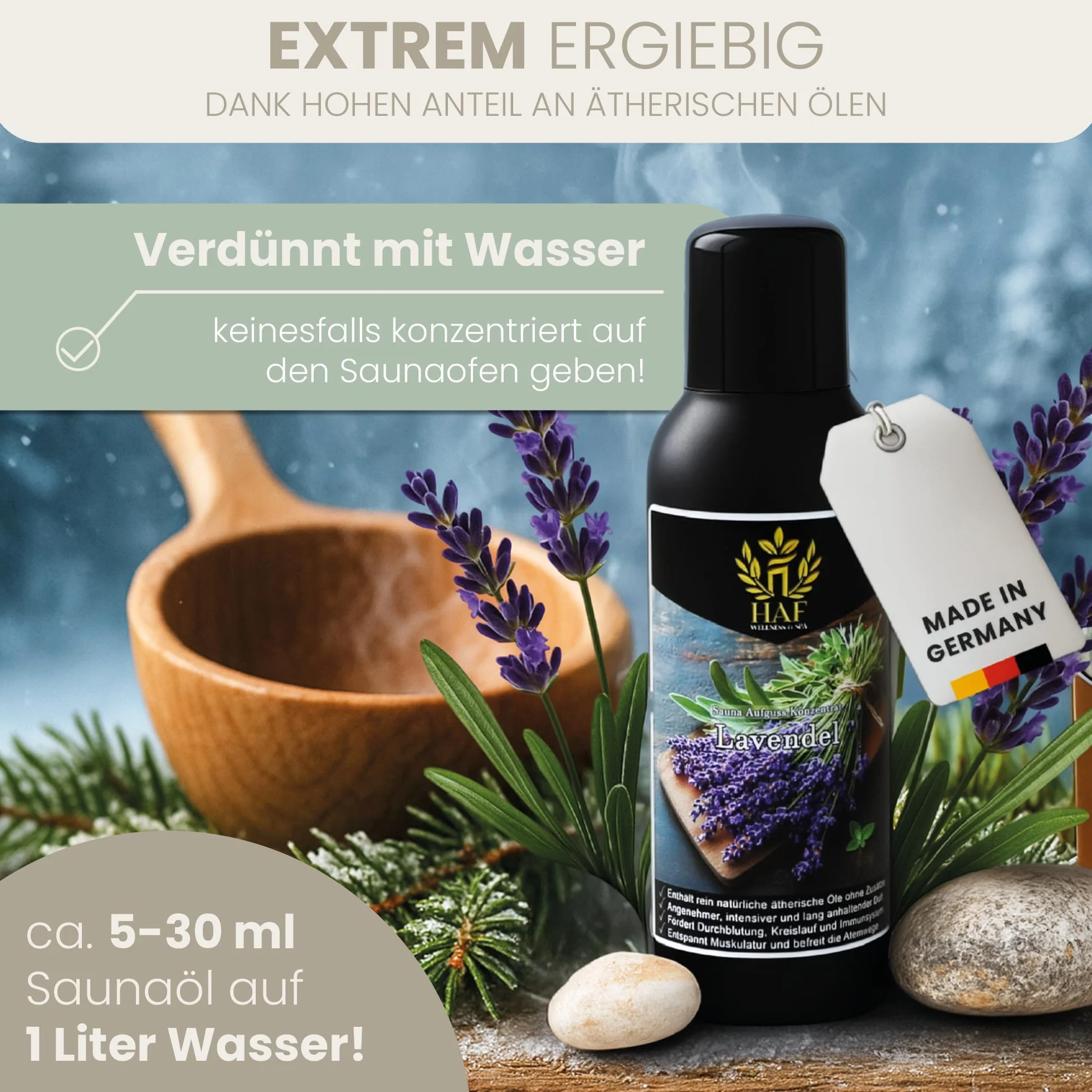 HAF Concentrado para sauna de pino de montaña de 250 ml, aroma de sauna con aceites esenciales naturales, infusión de sauna sin aditivos artificiales, aceite de sauna para un aroma intenso y duradero