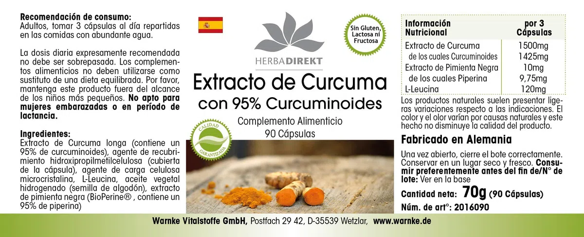Extracto de Curcumina con pimienta negra – 1500mg de Curcumina por dosis diaria – 95% de curcuminoides – Alta biodisponibilidad – Vegano – 90 Cápsulas | HERBADIREKT - Calidad de farmacia alemana