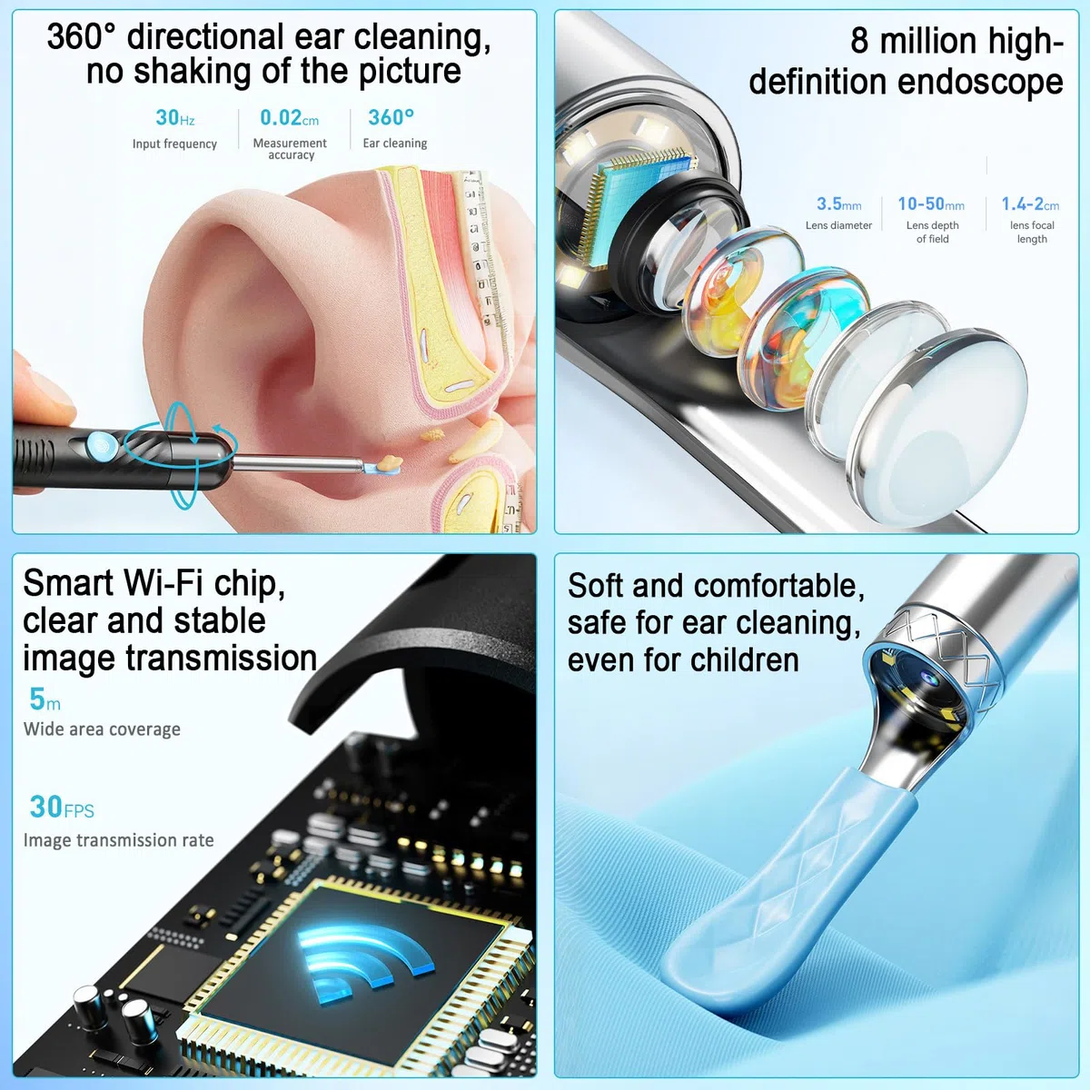 Otoscopio removedor de cerumen, cámara limpiadora de oídos Vankarr HD WiFi, espejo de oídos IP67 Waterproof endoscopio de oídos con lente de 3.5mm y 6 LEDs, para adultos, niños