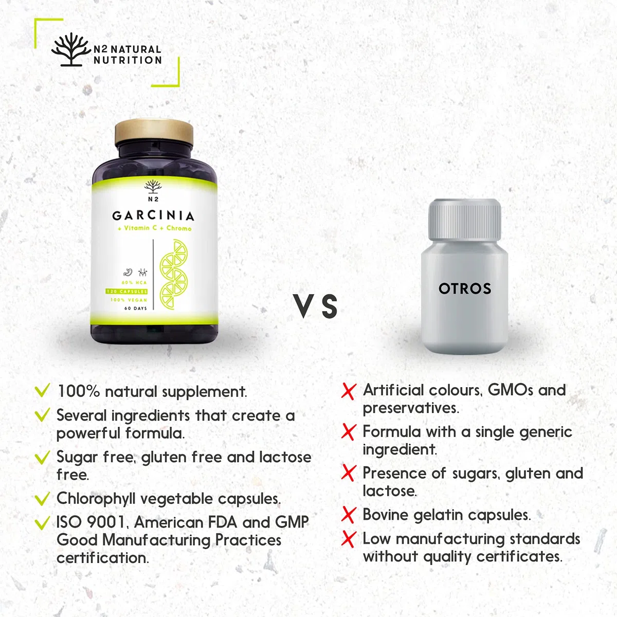 Garcinia Cambogia 60% HCA + Vitamina C y Cromo. Suplemento Natural para Adelgazar y Controlar el Apetito. 120 Cápsulas veganas. N2 Natural Nutrition