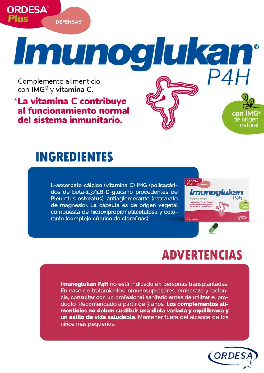 Imunoglukan P4H | 30 Cápsulas | Complemento Alimenticio con Vitamina C para fortalecer las Defensas de Niños a partir de 3 años y Adultos