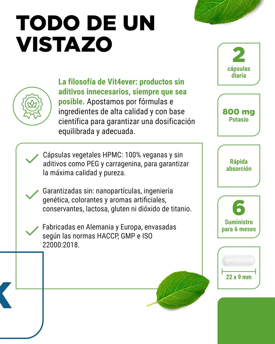vit4ever Potasio - 365 Cápsulas con 800 mg de Potasio elemental (de Citrato de Potasio) por Dosis diaria - Alta Dosificación - Vegano