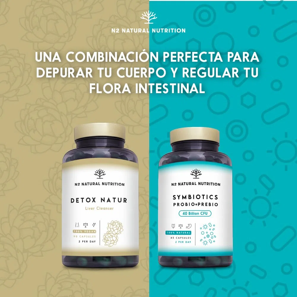 N2 Natural Nutrition Detox depurativo. Cardo mariano, alcachofa, vitamina B (B6, B2, B1), bardana y selenio. Antioxidante, retencion de liquidos. 90 Cápsulas. Vegano.