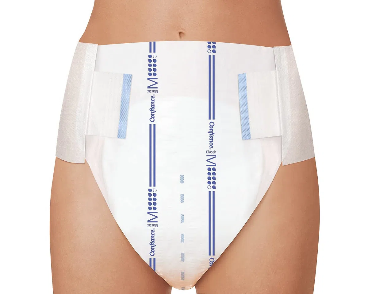 Confiance Elastic – Cambios completos para hombres y mujeres – Nivel de absorción = 9 gotas (fugas urinarias importantes) – pH neutro a la piel – Material suave – Talla M – 14 unidades