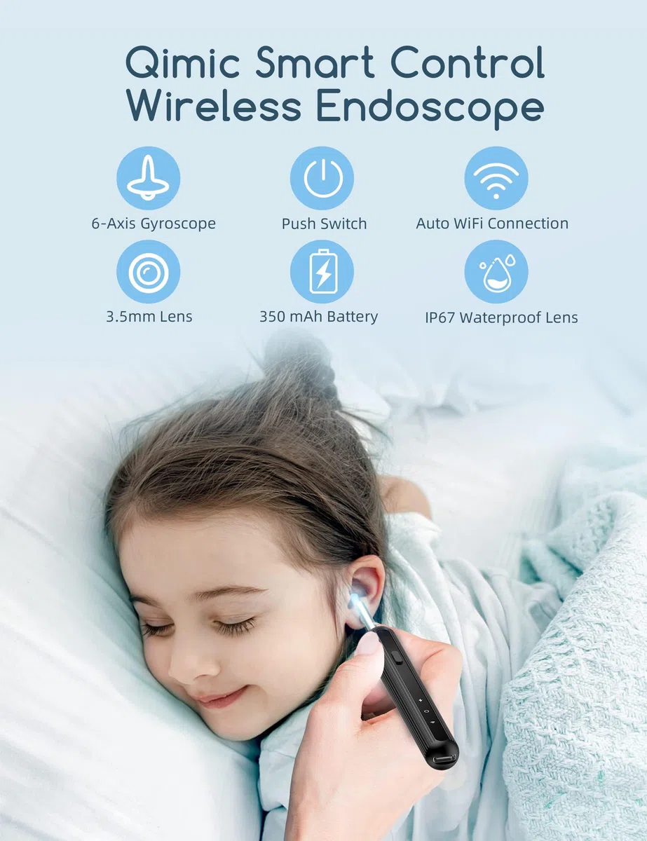 Qimic Otoscopio 3,5mm WiFi Endoscopio con 6 LED Camara Endoscopica Inalámbrico, Kit de Limpiador de Oídos para Eliminación de Cerumen para iPhone, Tabletas y Android
