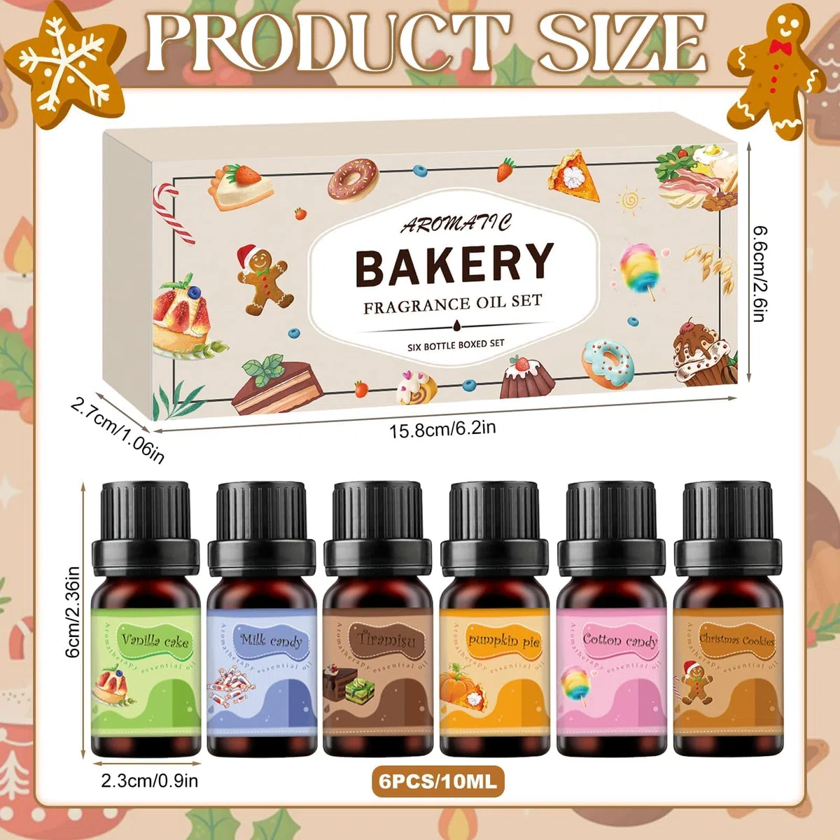 Set de Aceites Esenciales de Panadería,Juego de Aceites Esenciales para Panadería,Adecuado para tarta de calabaza, tiramisú, tarta de vainilla,galletas navideñas,caramelos de leche,malvaviscos (6x10ml