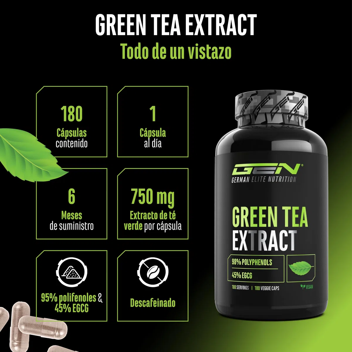 Extracto de Té Verde - 180 cápsulas - Dosis extra alta con 750mg de extracto de té verde por cápsula - 95% polifenoles & 45% EGCG - Té verde sin aditivos indeseados - Vegano