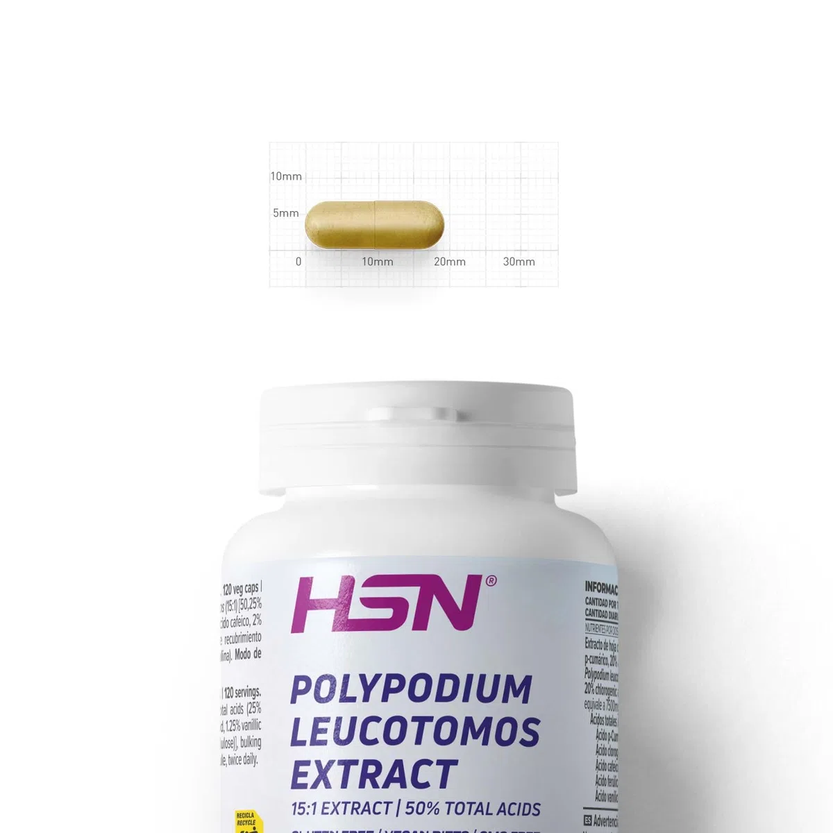 HSN Extracto de Polypodium Leucotomos 15:1 250mg | 120 Cápsulas Vegetales | Estandarizado en Ácidos Fenólicos | 7500mg Equivalencia de Hoja | Clean Label Vegano Sin Gluten